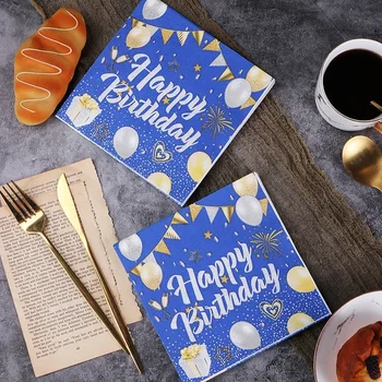 20 pièces/paquet nouveaux serviettes de fête d'anniversaire d'impression rose serviettes en papier d'impression de ballons colorés papier joyeux anniversaire papier noir bleu