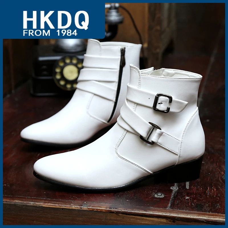 HKDQ Fashion White High Heel Boots For Men Trendy High Top Pointed Toe Men\'s Leather Shoes Hasp Zip Comfortable Man Ankle Boots