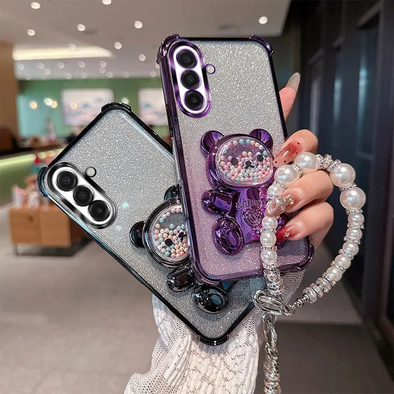 Niedliche Bären-Cartoon-Hülle mit Perlen-Lanyard-Riemen, stoßfeste Glitzer-Handyhülle für Samsung Galaxy A57 A37 A27 A 57 37 5G Rückseite