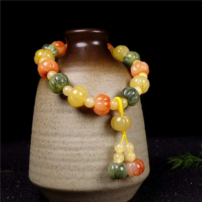 

2021 High Quality Jade Bracelet Natural Gold Silk Jade New Handmade carving Pumpkin Bead Bracelet party gifts