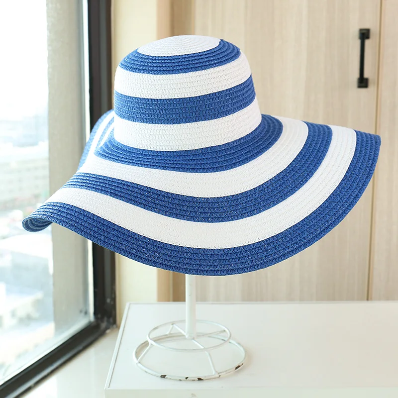 Hot Women\'s Casual Straw Hats Girls Outdoor Striped Patchwork Paper Sun hats New Summer Adult Flap Large Brim Beach Cap Gorras