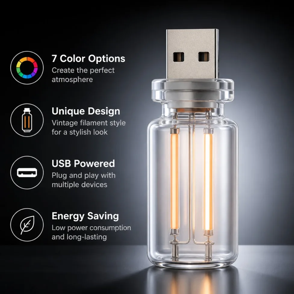 DC5V USB Touch Dimming LED Filament Glass Bulb Retro Edison‑Style Night Light Eye‑Protection For Car Interior Decor Lighting