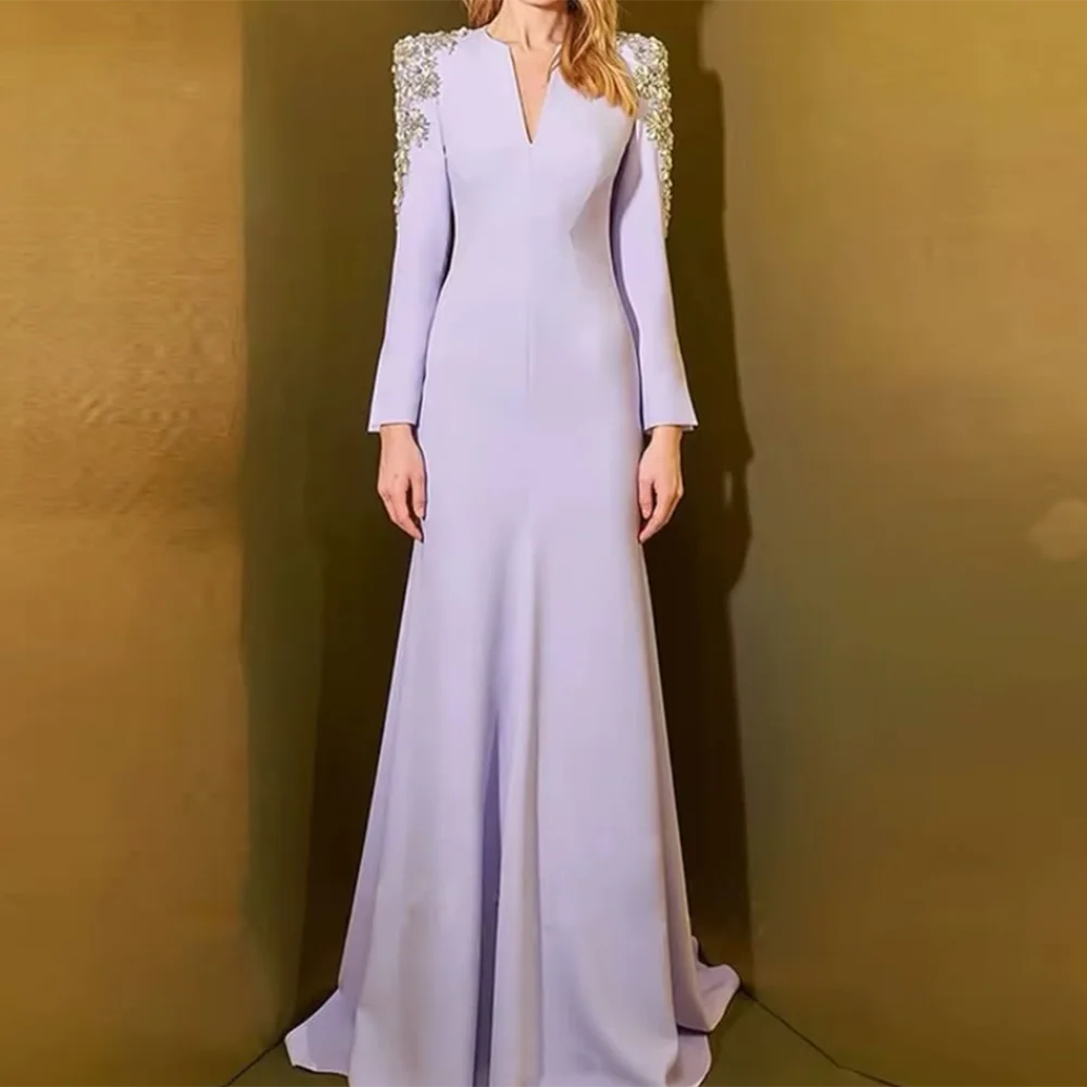 

Индивидуальные платья для выпускного вечера трапециевидной формы длиной до пола, с v-образным вырезом и длинными рукавами, вечернее платье, простые драпированные модные вечерние платья с бисером