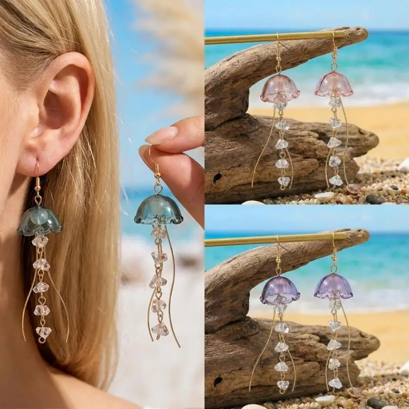 Colorful Jellyfish Drop Earrings For Women Ocean Animal Dangle Crystal Wavy Tentacle Summer Beach Jewelry Gift