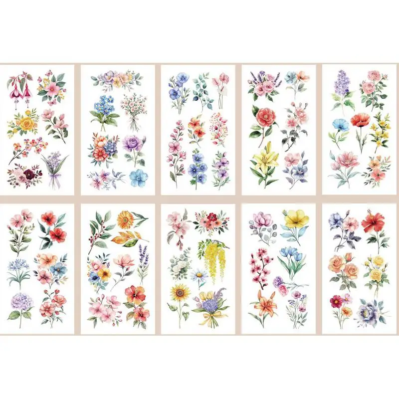 10Pcs/set Colorful Flowers Temporary Tattoo Sticker Waterproof Sunflower Bouquet Art Tattoo Sticker Decoration Party Gift