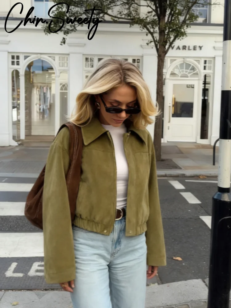 

Повседневные женские замшевые пальто на молнии с длинным рукавом и отложным воротником, однотонные женские куртки, осень 2021, модная женская уличная верхняя одежда