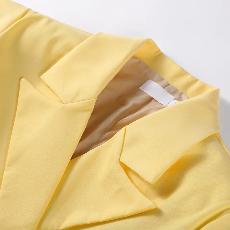 Giacca doppiopetto a maniche lunghe con cintura con volant giallo da donna, cappotto da ufficio casual con coulisse in vita, abbigliamento da lavoro alla moda