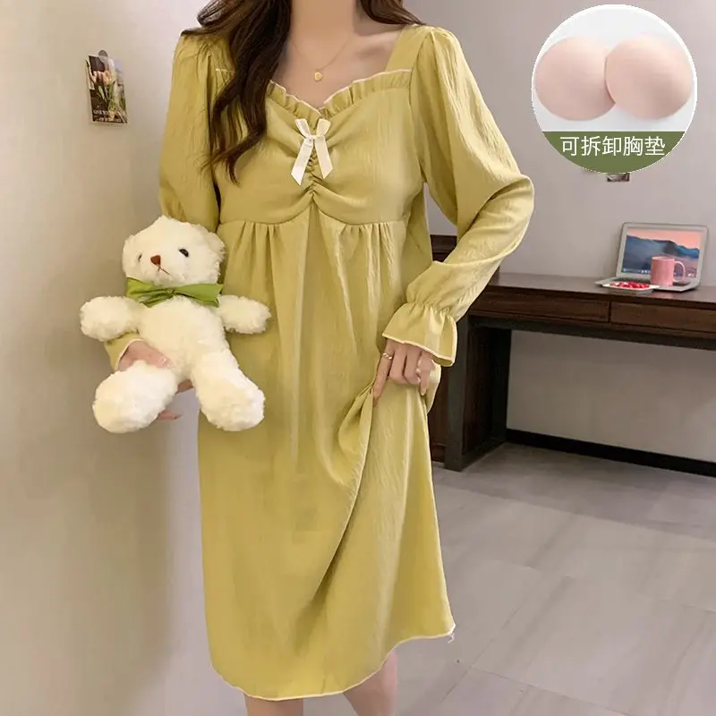 

Spring Autumn Princess Style Nightgown Women Chest Pad Long-sleeved Pajamas Night Dress Loose Loungewear Cotton Sleep Shirt