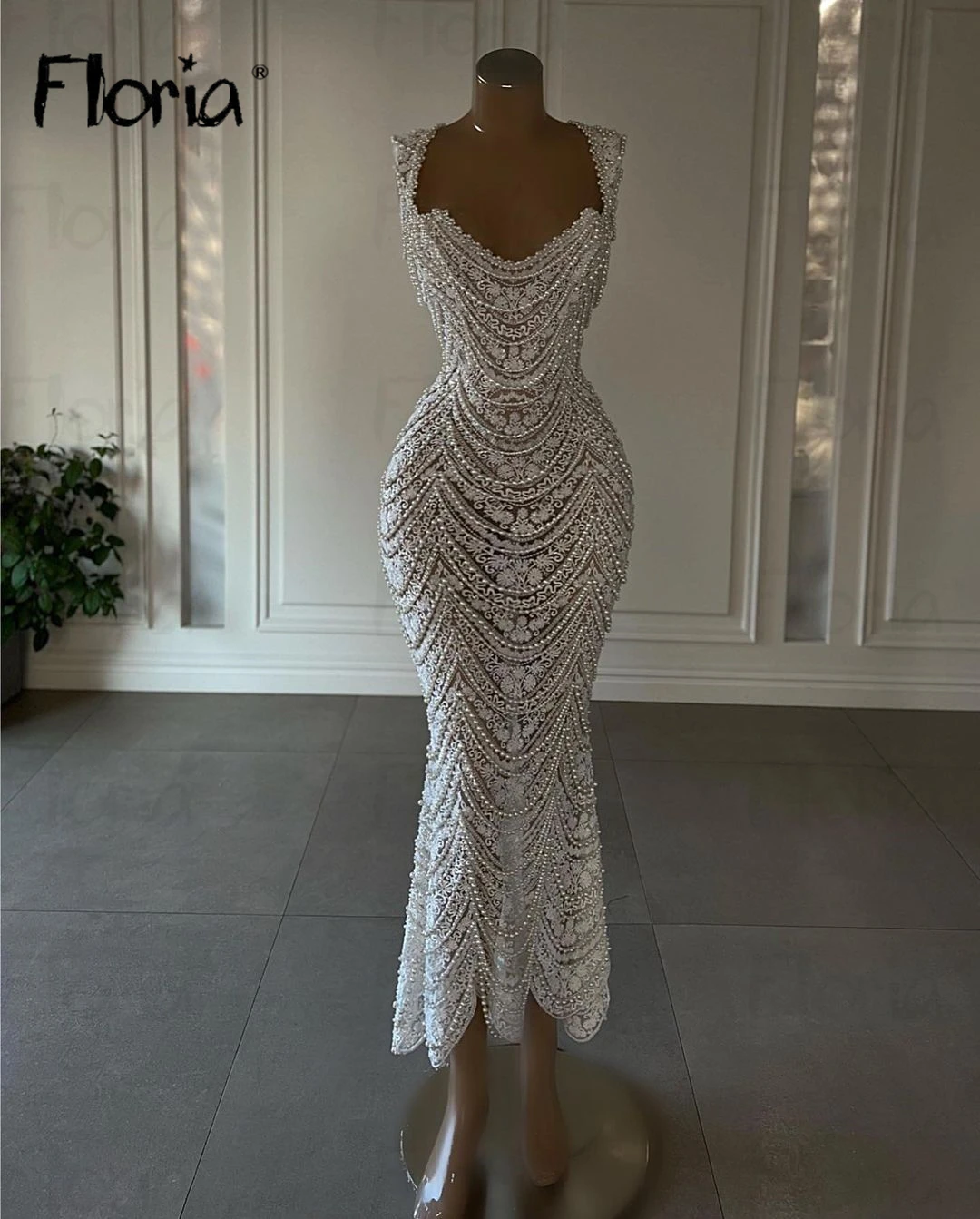 Floria Pearls Lace Appliques Evening Dresses Ankle Length Arabic Formal Prom Party Dresses 2024 Vestidos De Fiesta فساتين الحفلا