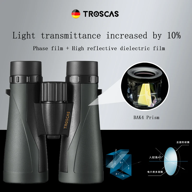 TROSCAS 10X50 12x50 ED Lens Binoculars IPX7 Waterproof Nitrogen-filled Super-Multi Coating Powerful Telescope For Birdwatching