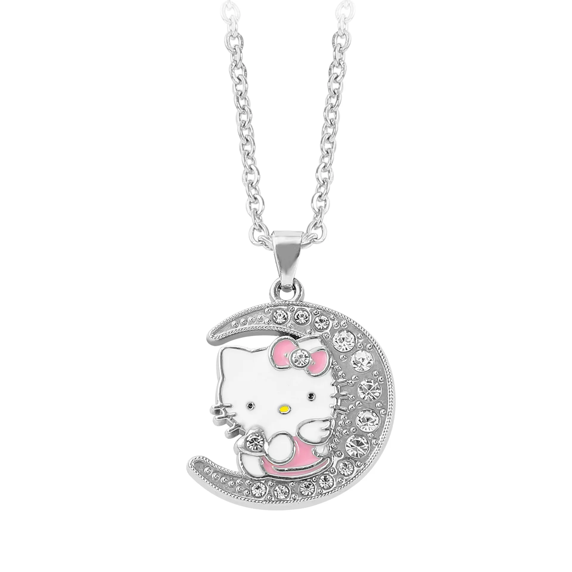 Sanrio Anime Figura Olá Kitty Lua Colar, Pingente Dos Desenhos Animados, Emblema De Metal, Colar Charme, Jóias Acessórios Presente, Branco