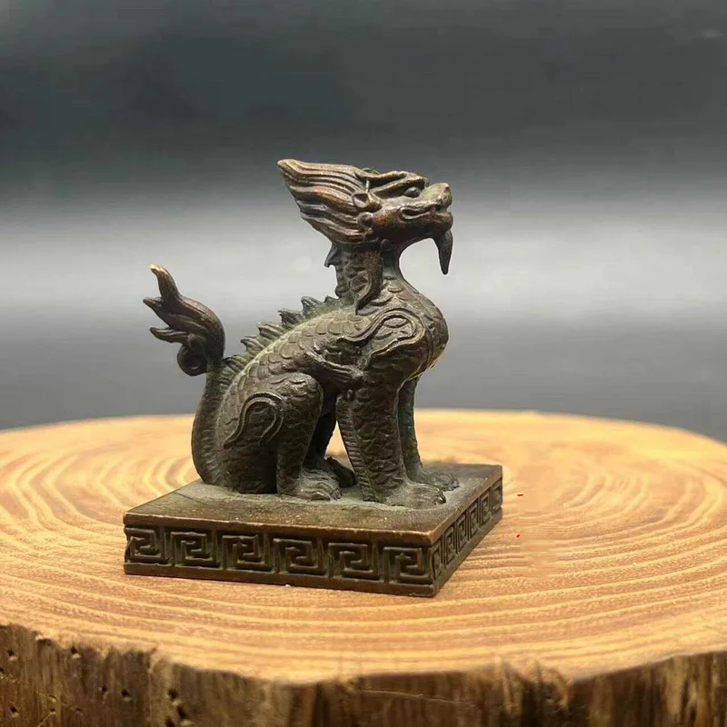 Solid Brass Divine Beast Seal Chinese Archaic Style Copper Stamp Ornament Chinese Feng Shui Wealth Protection Desktop Figurine