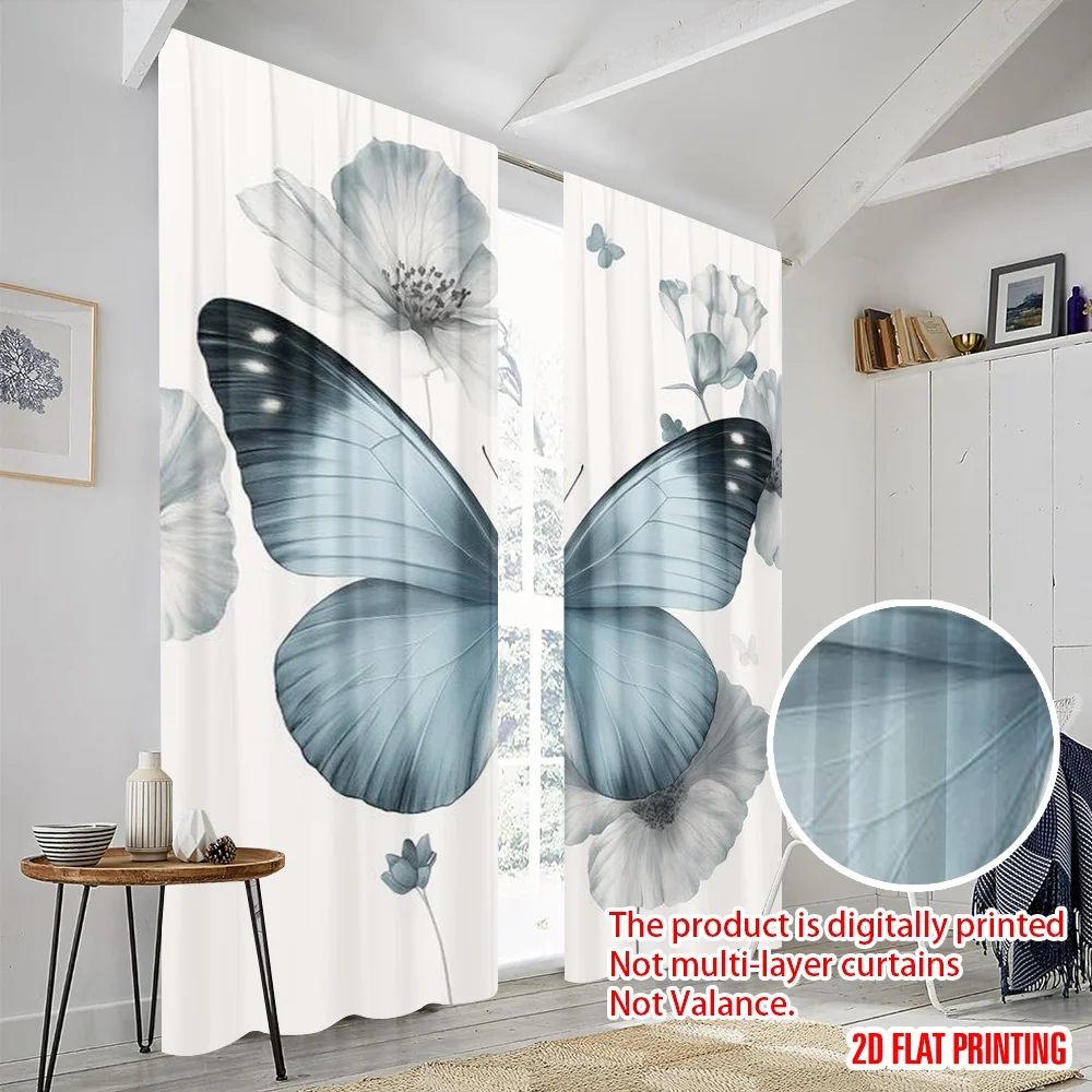 2pc,2D plane printing Light Filtering Curtains Blue Butterfly Bliss Durable Polyester (without rod) Holiday for Bedroom Office