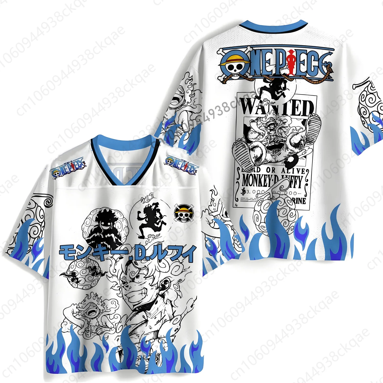 Camiseta de One Piece Luffy Gear 5, diseño gráfico de Nika Dios del Sol, estilo póster de wanted, para hombre y mujer, Joy Boy, Top Llama Blanca y Azul, Regalo