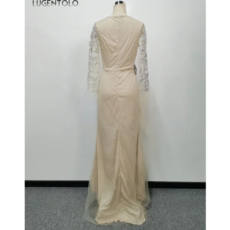 Women Party Dress Sequin Slim Bow Long Sleeve Banquet O-neck Lady Mesh Elegant Dinner Clothing Lugentolo
