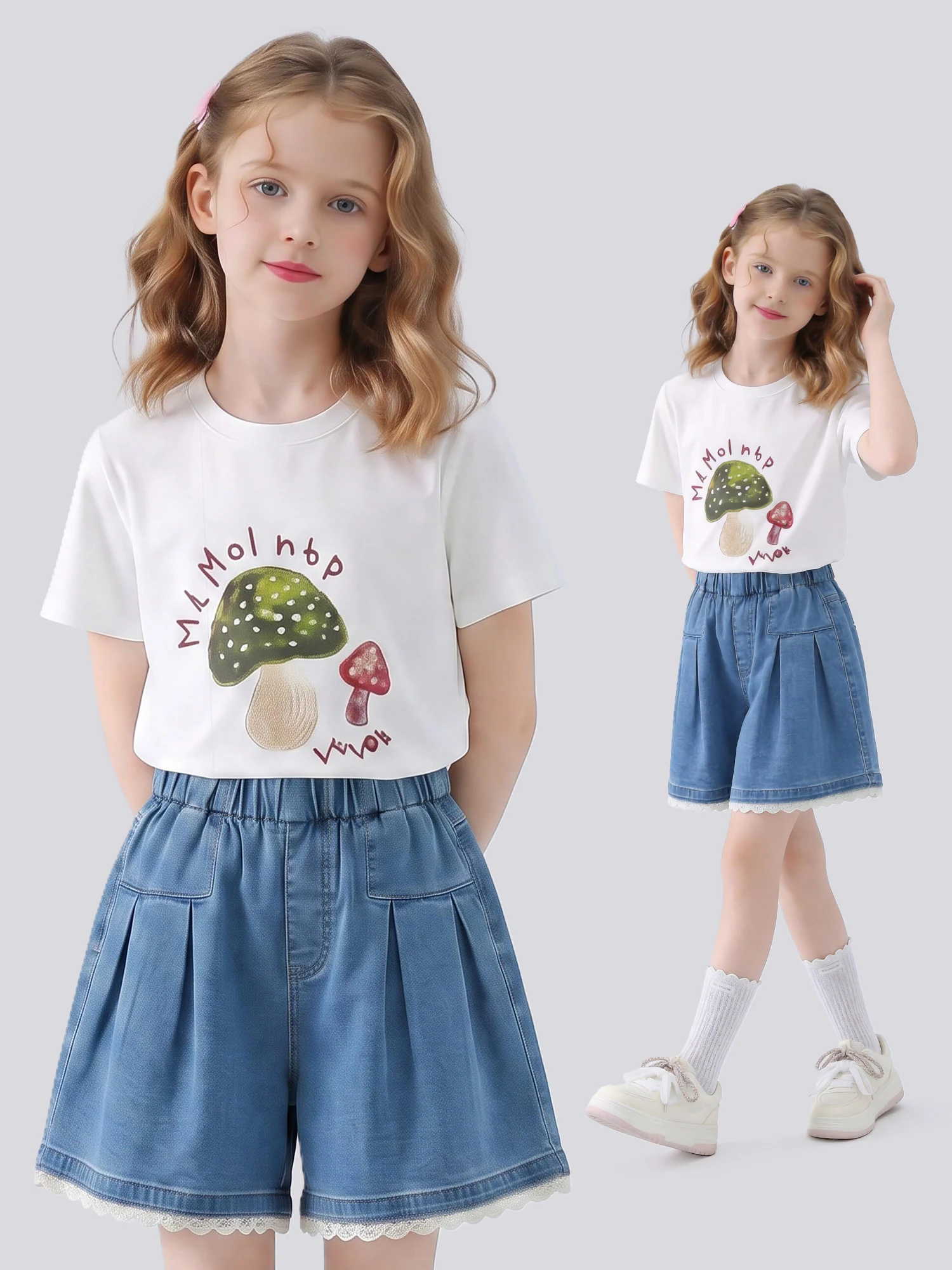 女の子用サマーカジュアル花柄フリル半袖デニムショートパンツセットアップ-ツーピース-通気性-吸湿速乾-軽量