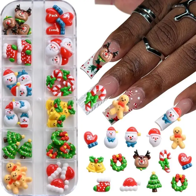 12 شبكة تحتوي على 36/60 قطعة من زينة الأظافر عالية الجودة بتصاميم كاواي لرجل الثلج وشجرة عيد الميلاد، مع تصاميم ثلاثية الأبعاد لرنة وسانتا كلوز