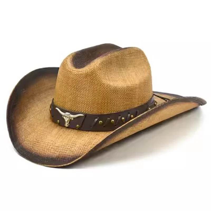 2024 New Summer Cowboy Straw Hat Double Concave Top 10cm Brim Men\'s and Women\'s Western Cowboy Hat Sun Protection  sombrero homb