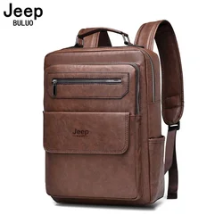 JEEP BULUO-Mochila de Couro Impermeável para Homens, Mochilas Escolares de Alta Qualidade, Cor Marrom, Marca de Moda, 15,6 Polegadas, Nova