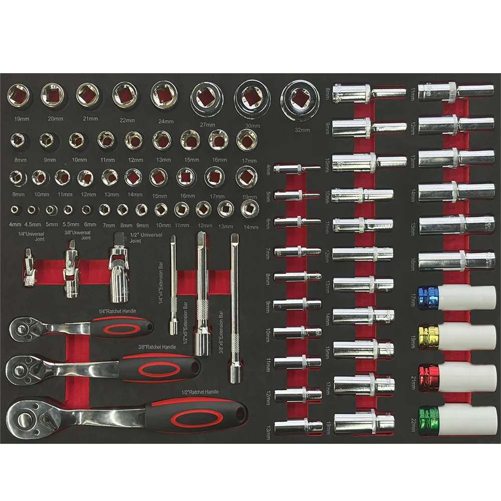 

81 PSC Hand Tool Set Box Durable Extension Bar Universal Joint Repair Wrench Combination Ratchet Handle and Color Sockets