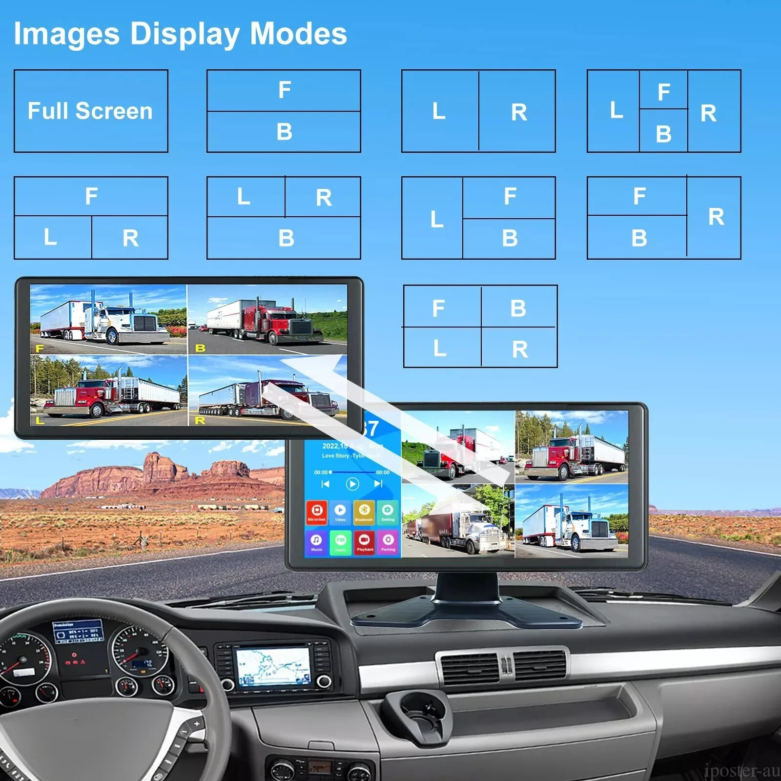 Lastbus 10.36" Wireless Apple CarPlay Quad Split Monitor Touchscreen 4K + Car Stereo Reverse Waterproof Camera For RV Truck - Image 4