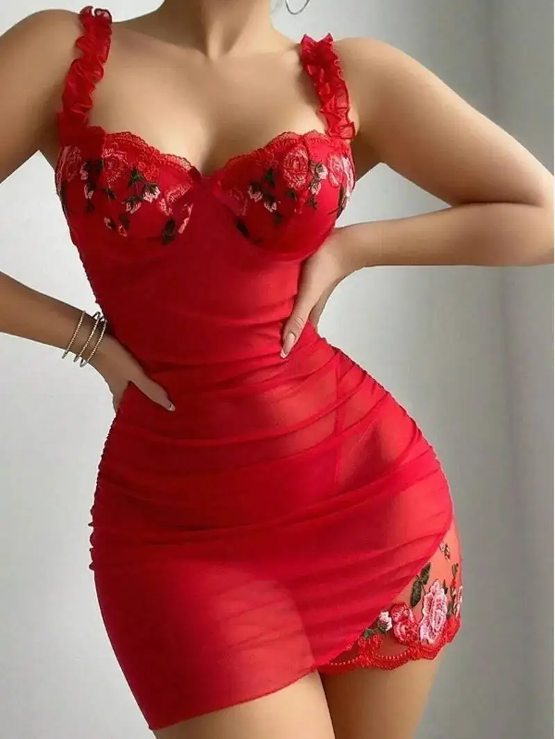 Sexy Lace Mesh Solid Color Transparent Flower Embroidery Dress Backless Deep V Suspenders Sleeveless Dress Elegant Charming I4RK