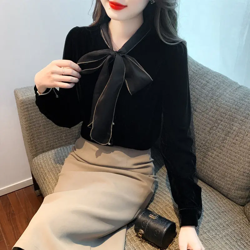 Bow Lacing Black Vintage Blouse Spring Autumn New Long Sleeve All-match Youth Office Shirt Tops Casual Fashion Women Clothing