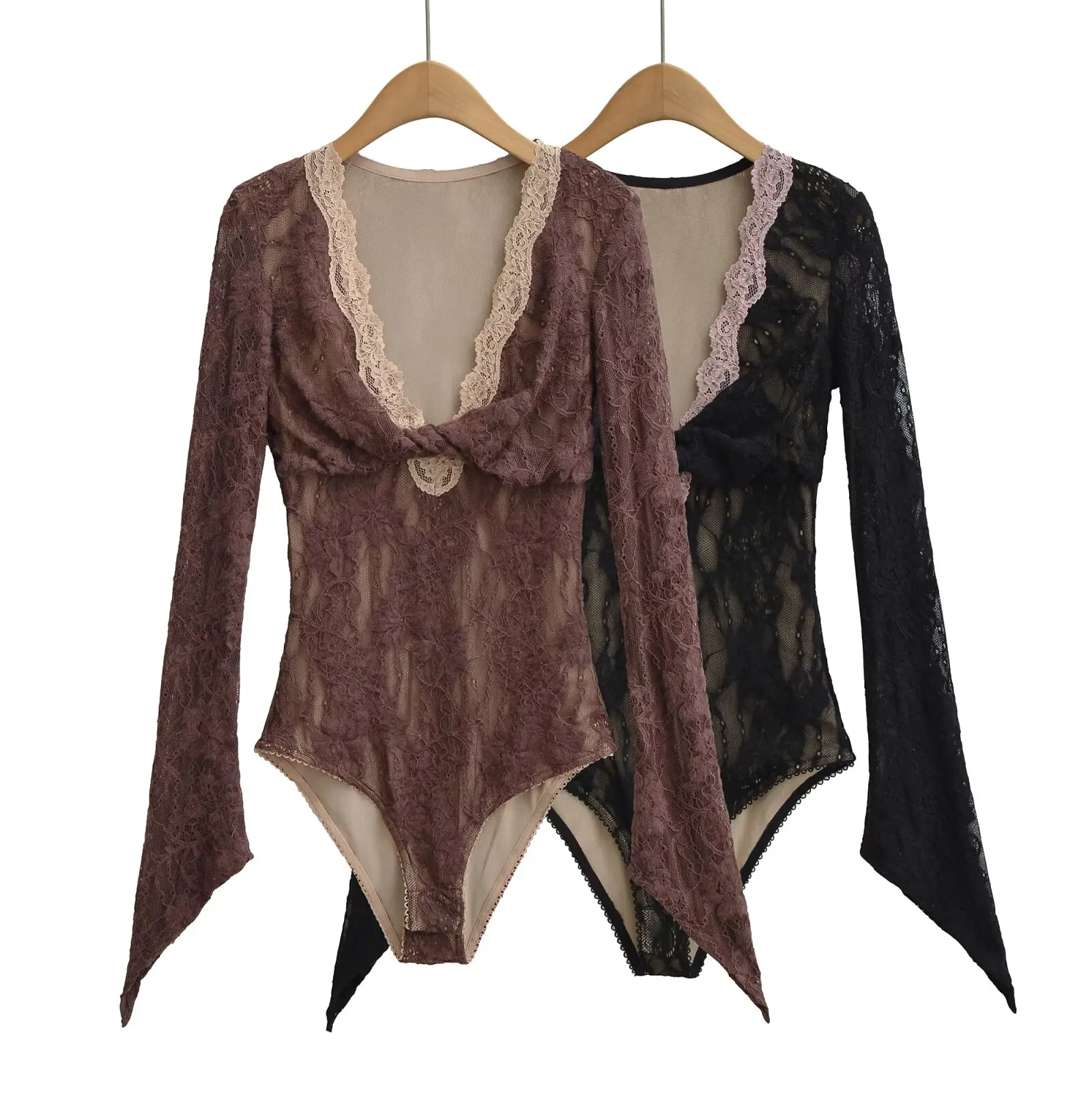 

Sexy Lace Hollow out Knot Twist Bodysuit with Flared Sves Slimming Design Sweet Sle Chinese Production Thin Fabric
