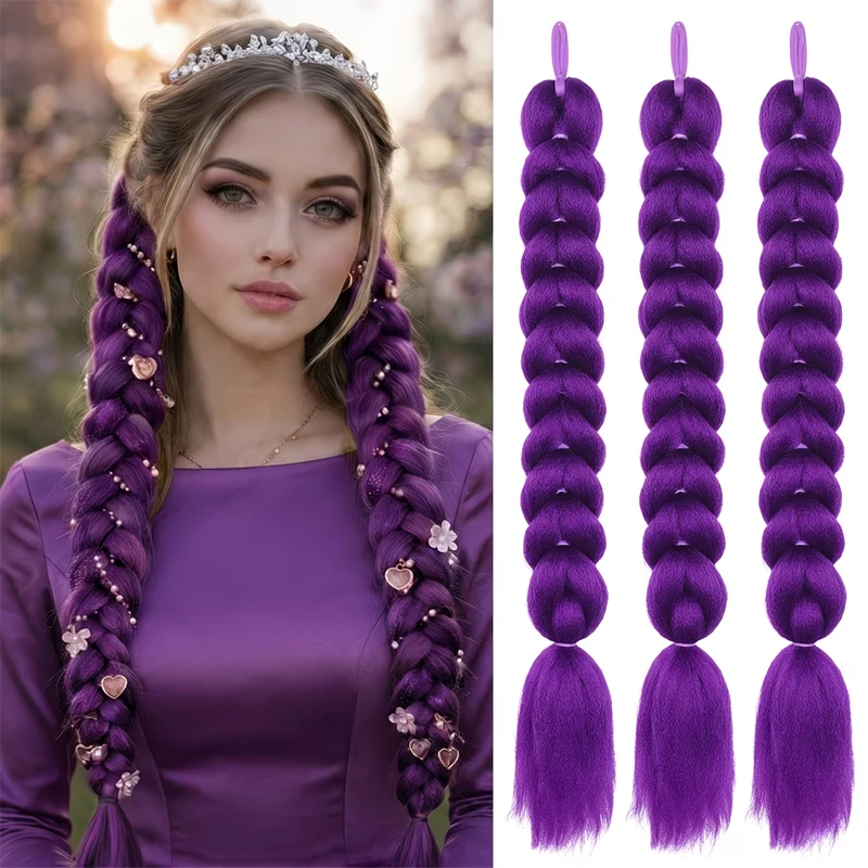 24 Inch Long Braid Ponytail Extension - Kpop Style Purple Braid Ponytail Wig, Synthetic Elastic Ponytail Wig Role-Playing