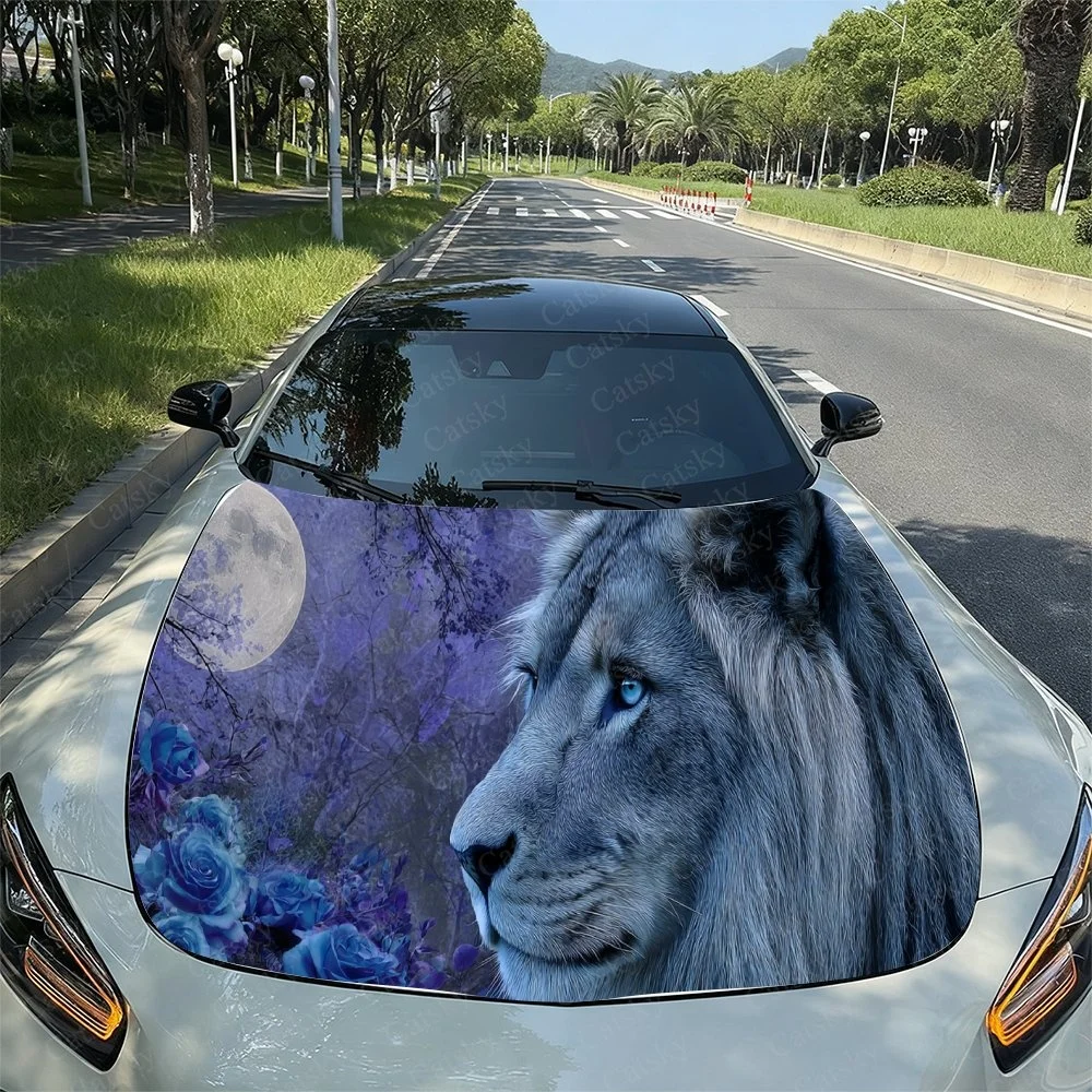 

Elegant lion with blue eyes and purple roses under a full moon, beautifully printed on car hood. Unique design for standout styl