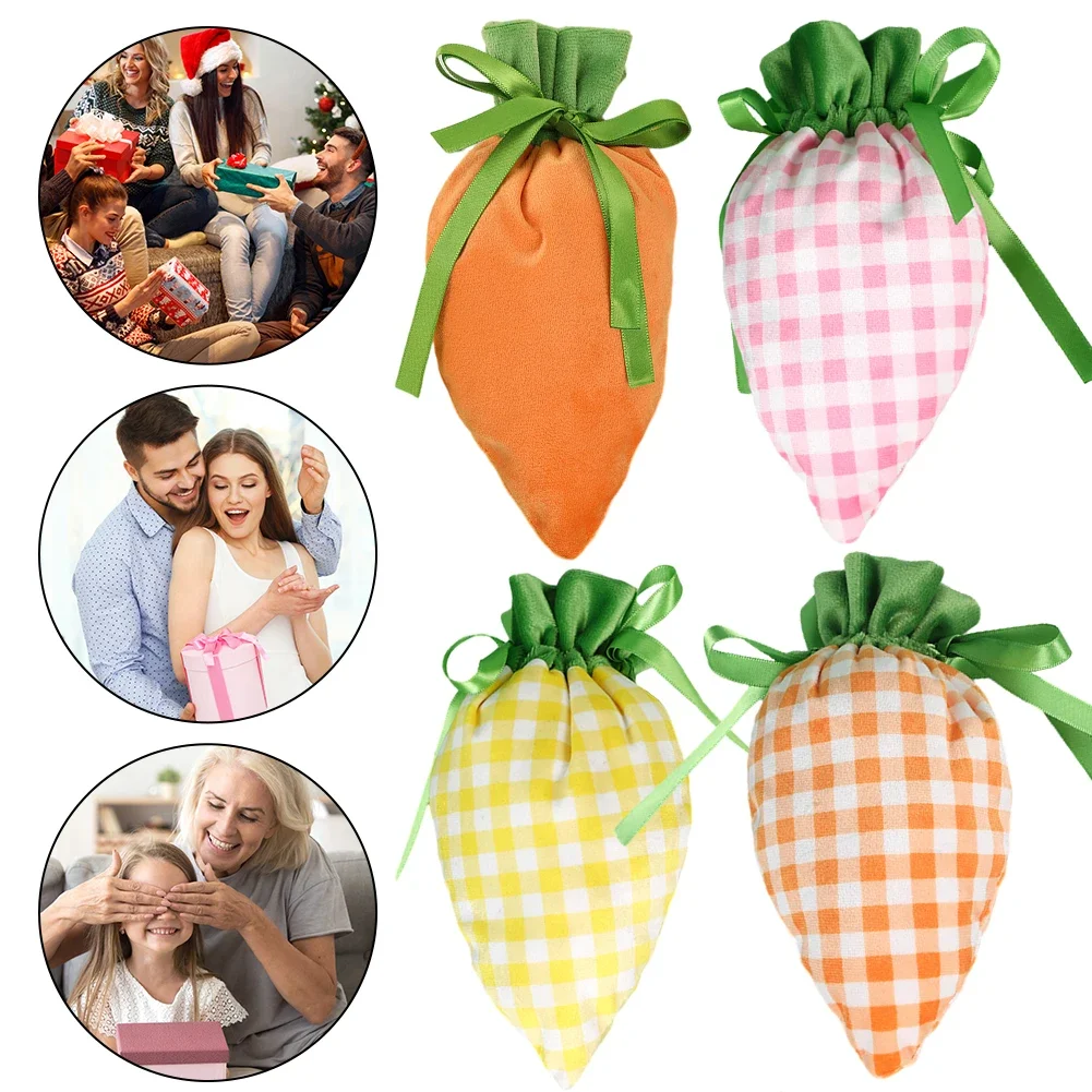 10Pcs Carrot Gifts Packaging Bag with Drawstring Cute Carrot Shape Bag Creative Plaid Pattern for Easter Bunny Decoration