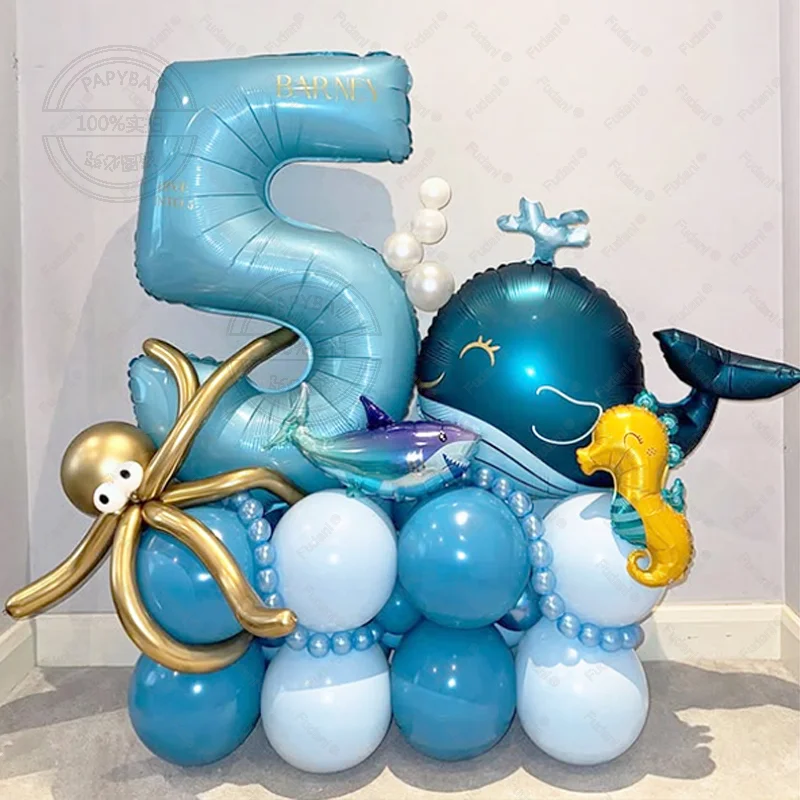43 Uds. Globo temático de animales del océano, juego de globos de cumpleaños con números azules para bebé, ballena de dibujos animados, tiburón, caballito de mar, decoración de fiesta