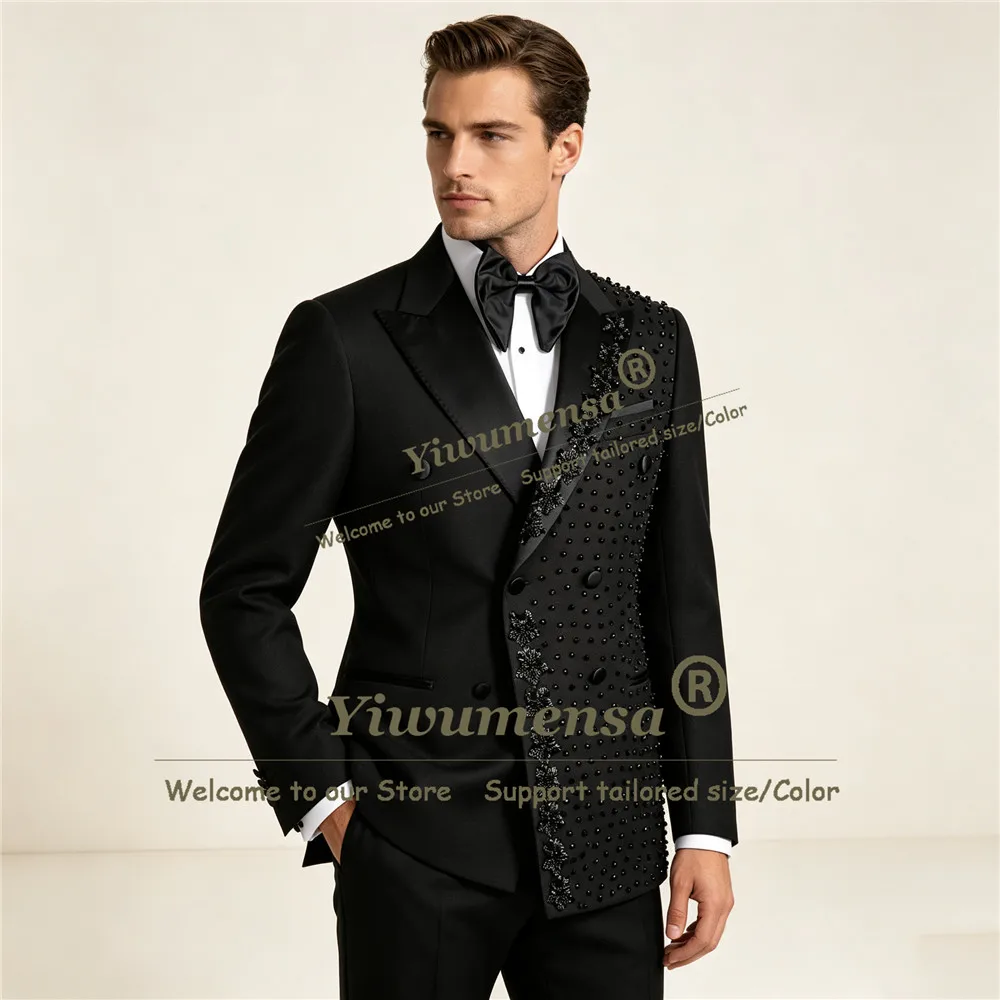 Luxury Pearls Beadwork Men Suit Sets Double Breasted Jacket Pants 2 Piece Sets Groom Wedding Tuxedo Customized Male Fashion Coat