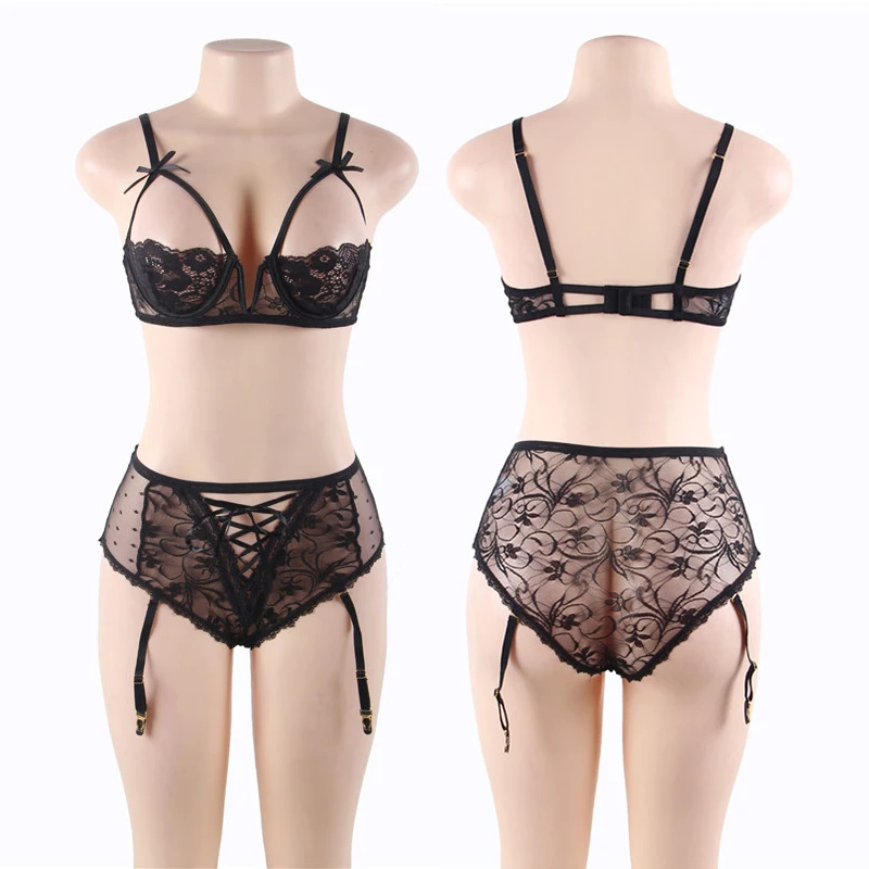 Ohyeahlady Open Bust Bra Garter Panty Set High Waist Lace Hollow Lingerie Plus Size Sexy See Through Suspender Underwear Briefs