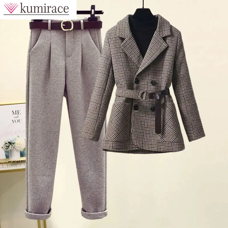 Blazer de chaqueta flocado para mujer, pantalones casuales elegantes de dos piezas, traje de oficina, estilo coreano, decoración de cinturón,