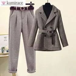 Jacket Blazer Flocked Casual Pants Two-piece Elegant Women's Office Pants Suit Korean Style Belt Decoration Vintage Waist Origin