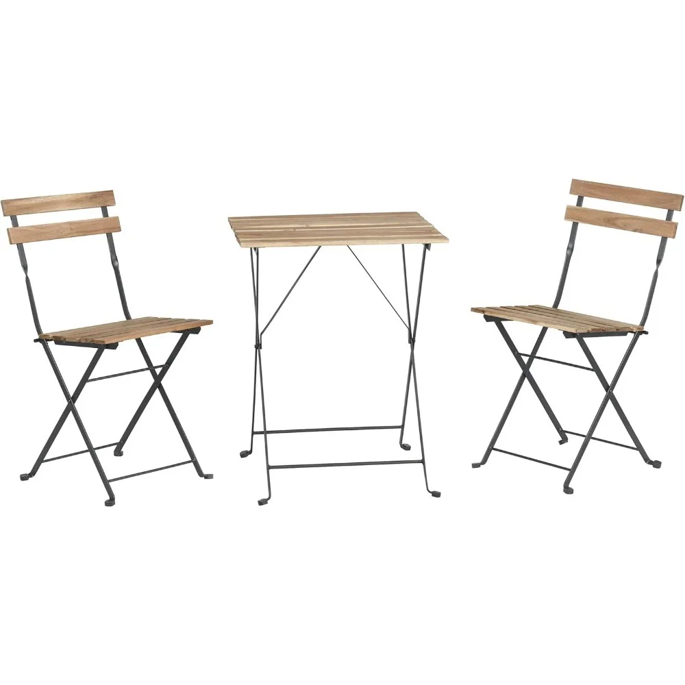 Folding Patio Bistro Set – 3-Piece Acacia Wood and Steel Café Table and Chairs for Porch, Deck, Garden, or Balcony Furniture