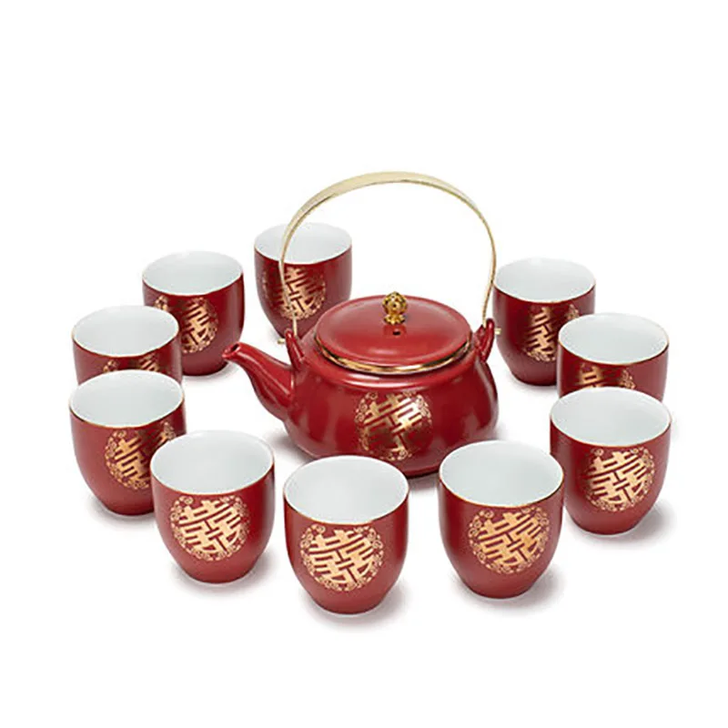 

Ceramic Red Wedding Tea Set Newlywed Souvenir Gift Porcelain Chinese Teaware Kettle Teapot Cup Luxury Gift for Best Friend