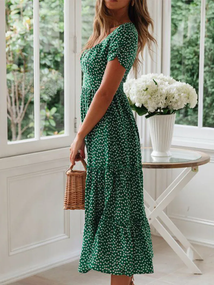 Vestido Vintage con Estampado Retro, Manga Abullonada, Casual de Verano para Playa, Escote Cuadrado, Floral, Largo Maxi para Fiesta 4
