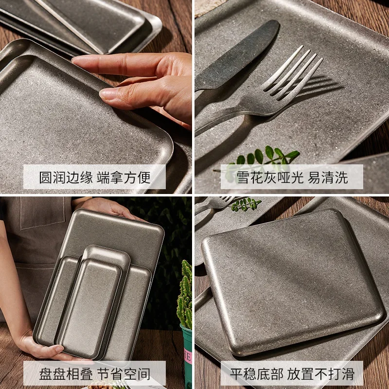 Steak Plate with Snowflake Design, 304 Retro Stainless Steel, Silver, Old Square Plate, Creative Restaurant Dessert Plate