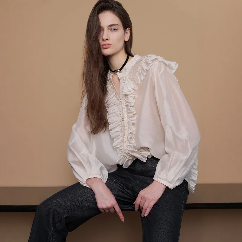 

Ele Korean Early Autumn Romantic Aosphere Long Sve irt Thin Flng Lace Trim Straight Cut French Sle Blouse