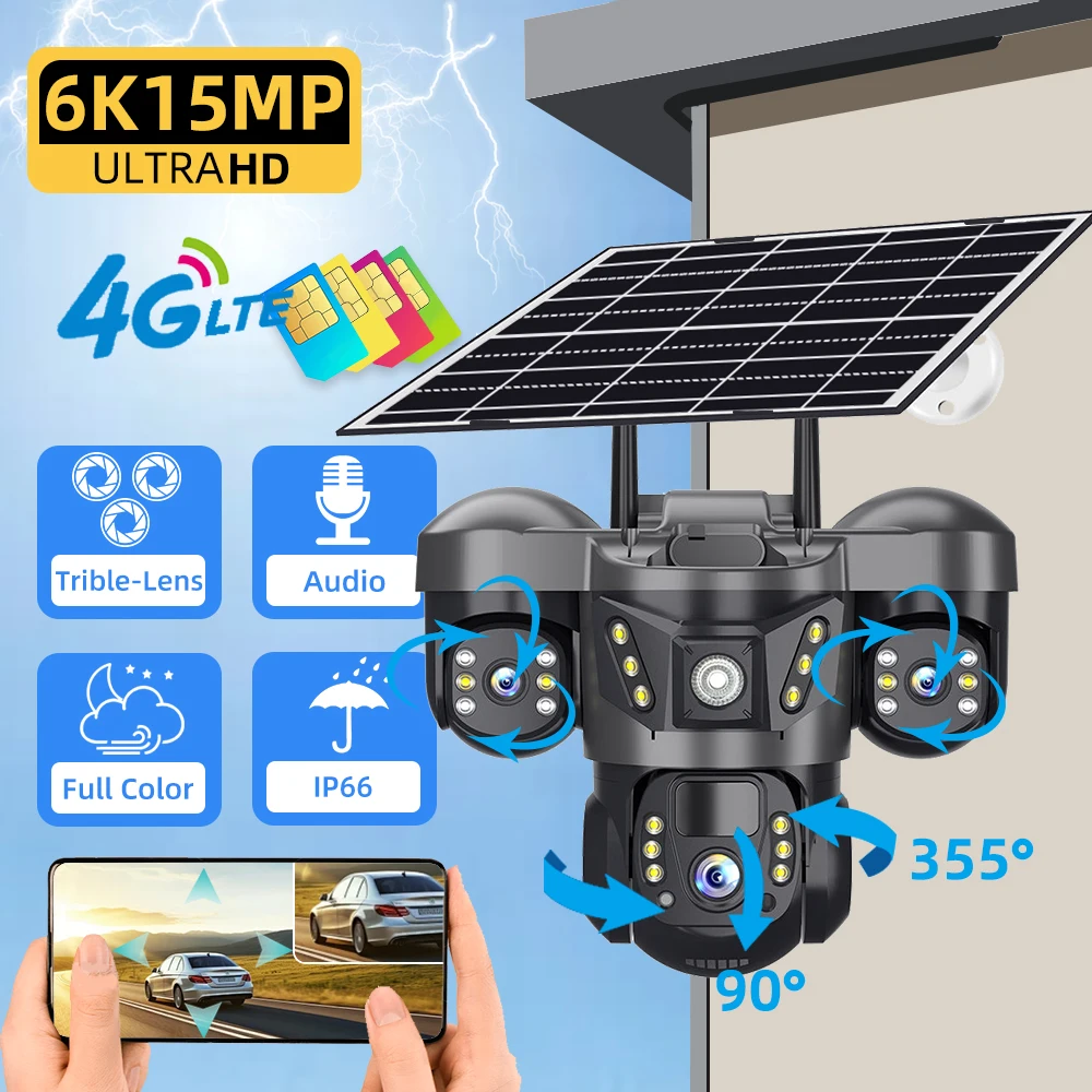 

V380 PRO 4G Solar WiFi PTZ Security Camera 15MP HD Outdoor Triple Lens Three Screen CCTV with PIR Human Detection Monitor