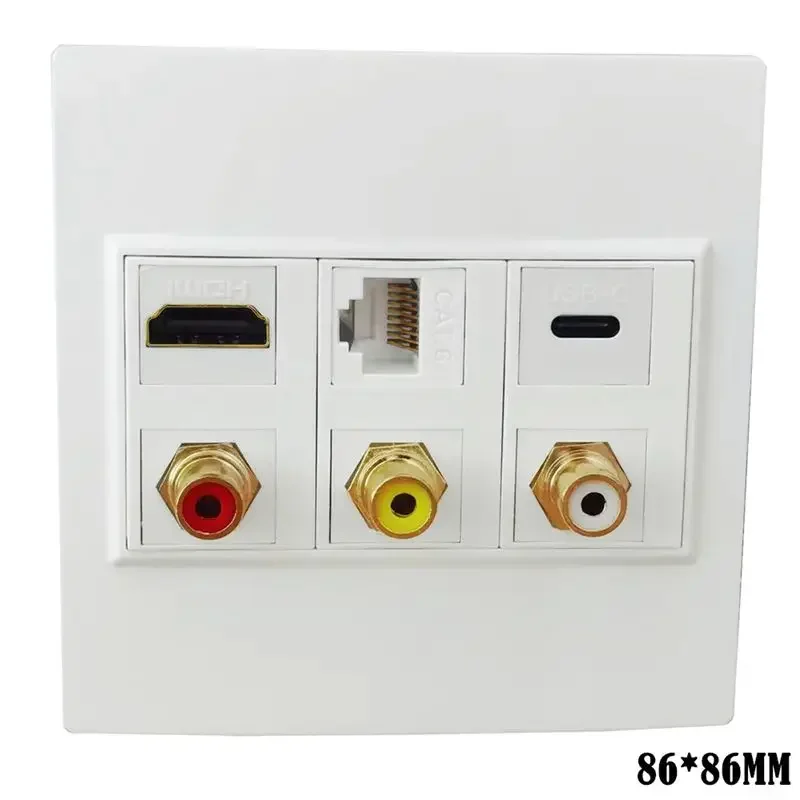 4K High-Definition Cable HDMI Compatible Socket+CAT6+USB C+Audio And Video 3RCA Wall Plug 86 Type Multimedia Panel