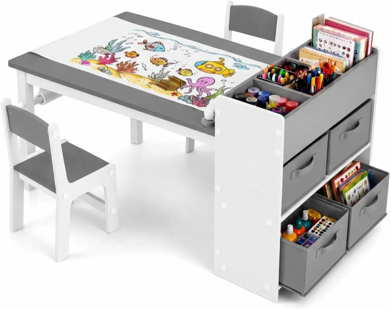 Kids Art Table and 2 Chairs Set, Wooden Activity Craft Desk with Paper Roll, Organizers, Open Shelves and Removable Bins for Toddlers Drawing, Painting and Writing