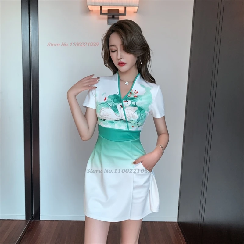 2025 chinese nightclub dress qipao national flower pirnt improved cheongsam dress+shorts set oriental hotel spa work dress qipao