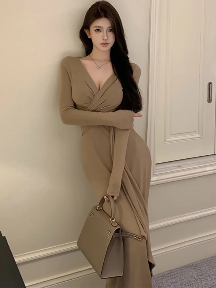 Women Pink Long Sleeve V-Neck Sexy Maxi Dress Autumn Winter Elegant Bandage Bodycon Dress 2024 Korean Fashion Party Night Dress