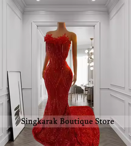New Design Luxury Red Beading Tassels Mermaid Evening Prom 2026 Formal Party Dress Wedding Reception Gown Customized