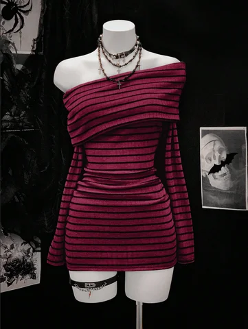 Y2K style temperament slim fit classic striped print one shoulder long sleeved jumpsuit short skirt