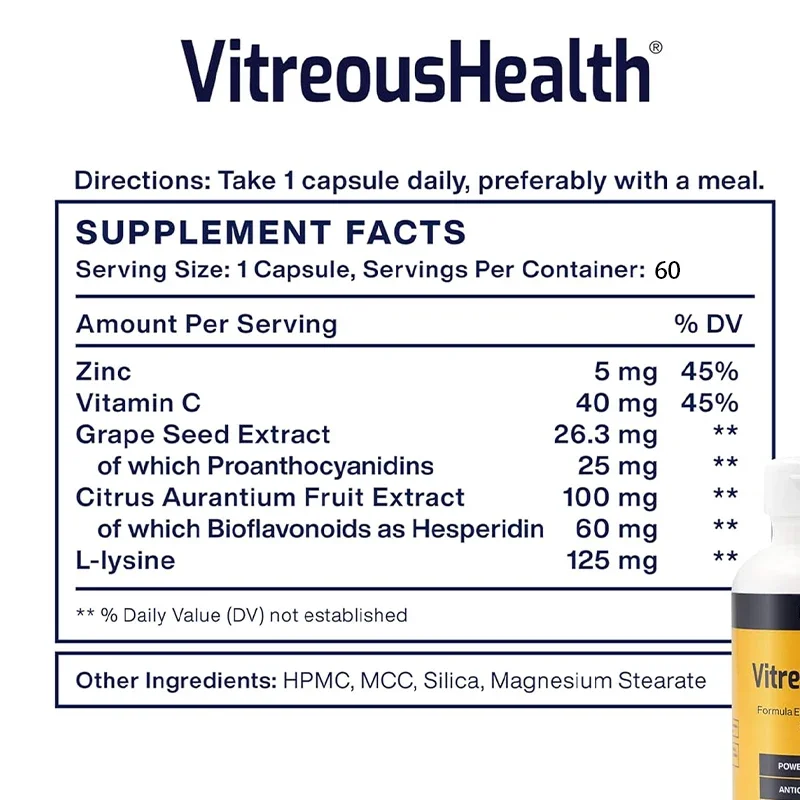 VitreusHealth مكمل العين القائم على الأدلة، يحتوي على كبسولة L-lysine-60