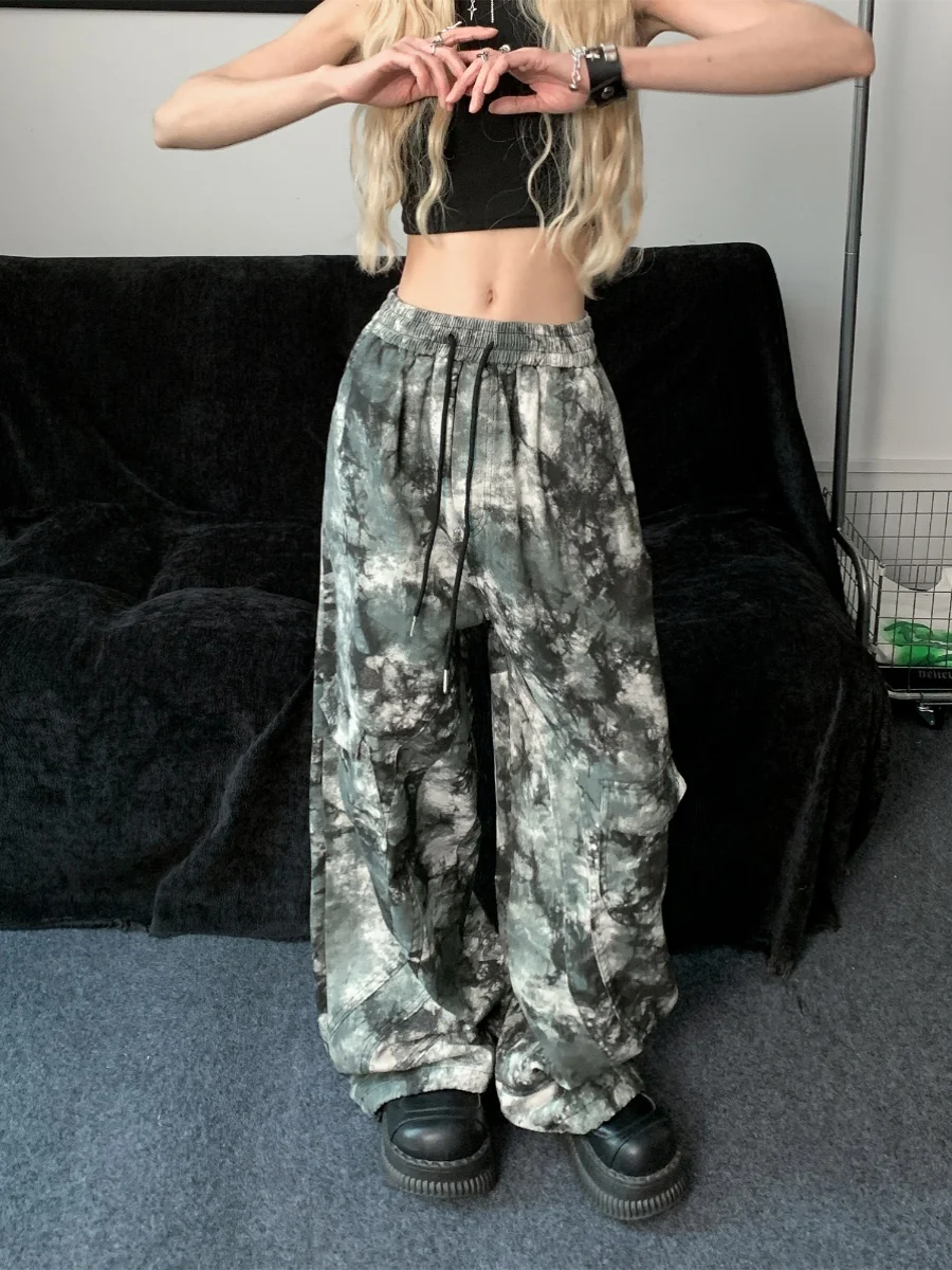 Cool Girl American Tie-Dye Camouflage Pants Men and Women High Street Couple Workwear Wide Leg Khaki Harem Pants for Woman